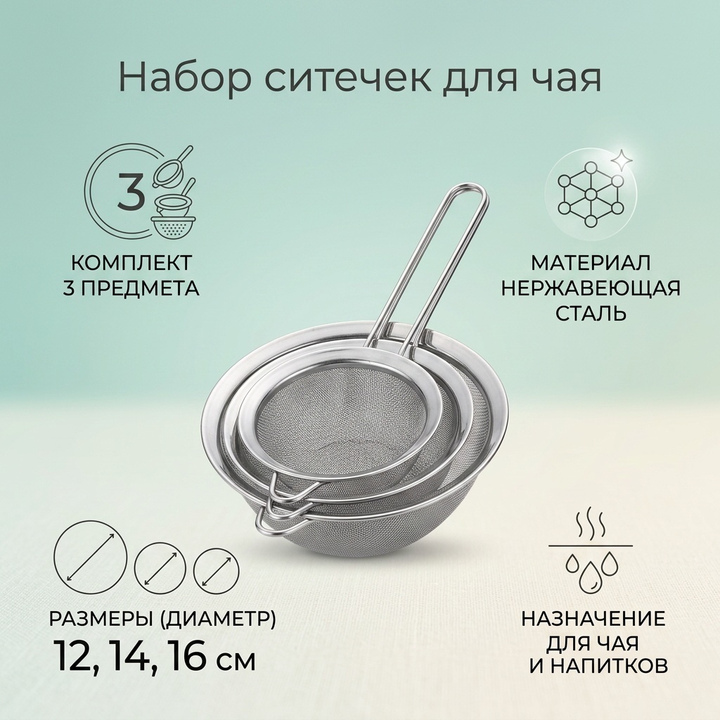 Ситечко для чая нержавеющая сталь, 3 шт