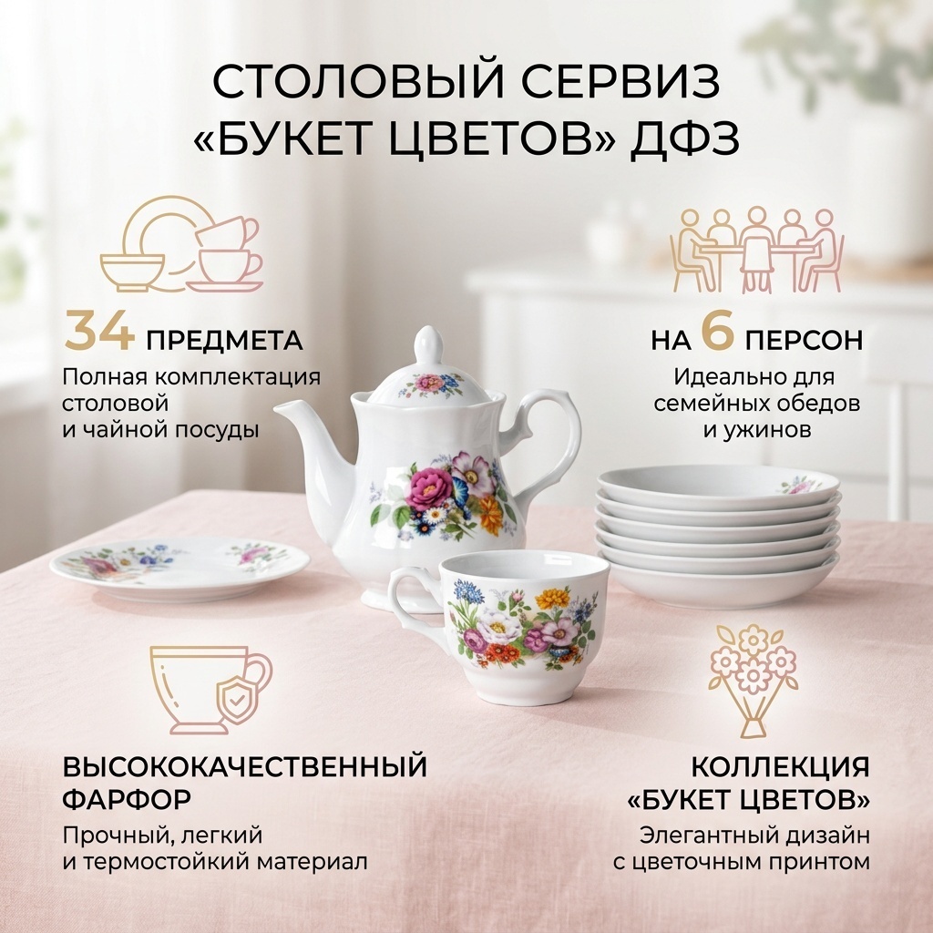 Сервиз на 6 персон Добрушский фарфоровый завод Букет цветов, предметов: 34, столовый, фарфор