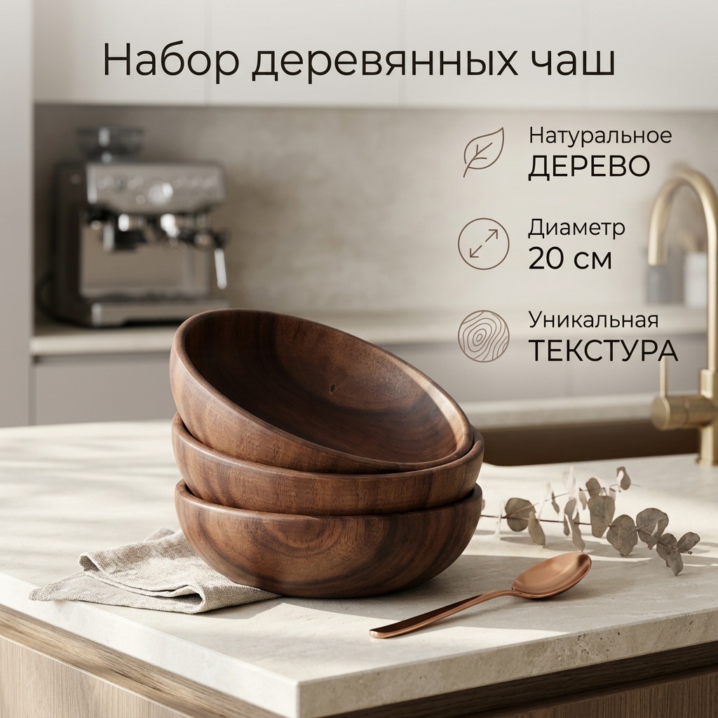 Набор мисок 20х20 см, дерево, акация, 3 шт