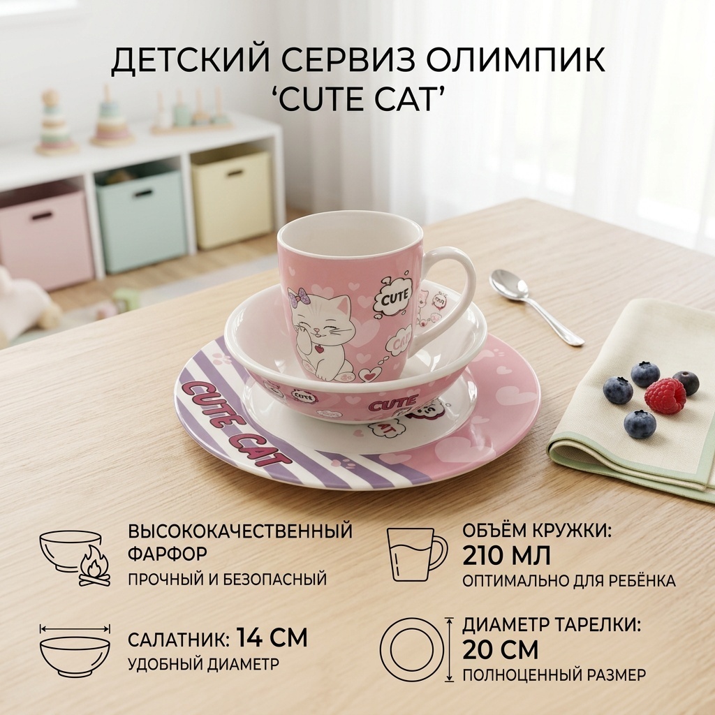 Сервиз на 1 персону ОЛИМПИК 250090 Набор посуды 3 предмета, предметов: 3, детский, фарфор