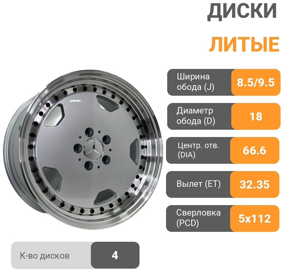 Top Grade 28652WW 8.5/9.5x18/5x112 D66.6 ET32.35 4 диска черный, серебристый