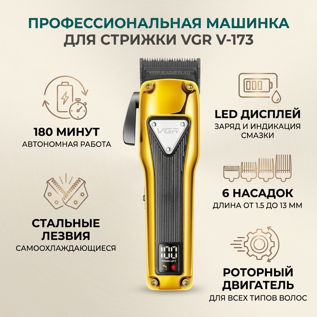 VGR Professional машинка для стрижки V-173 золотой