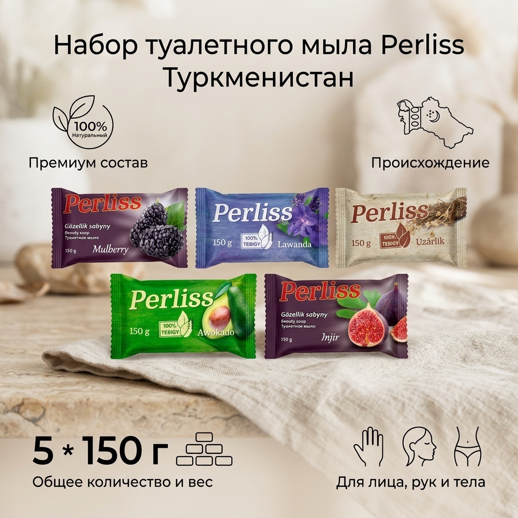 Кусковое мыло туалетное Perliss Туркменистан Ежевика, Лаванда, Гармала, Авокадо, Банан, Инжир 5 шт