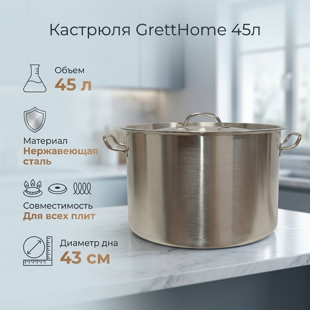 Кастрюля 45 л, Уральская корона GrettHome нержавеющая сталь