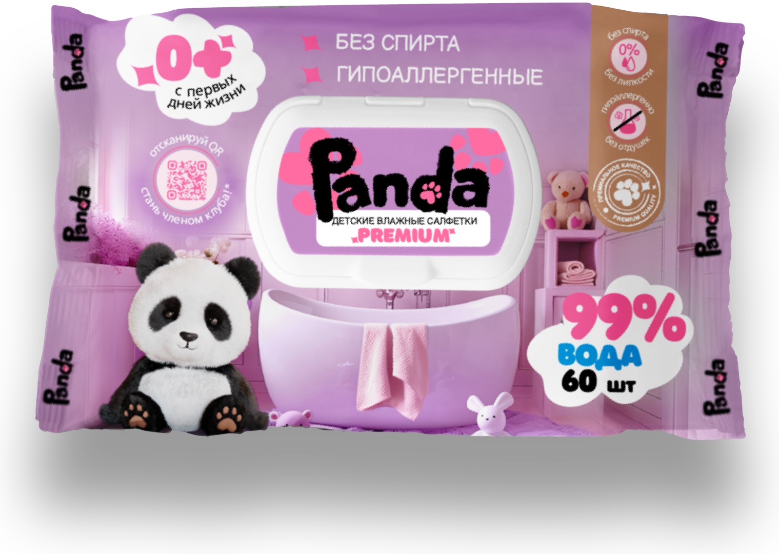Детские влажные салфетки Panda Premium 60 шт