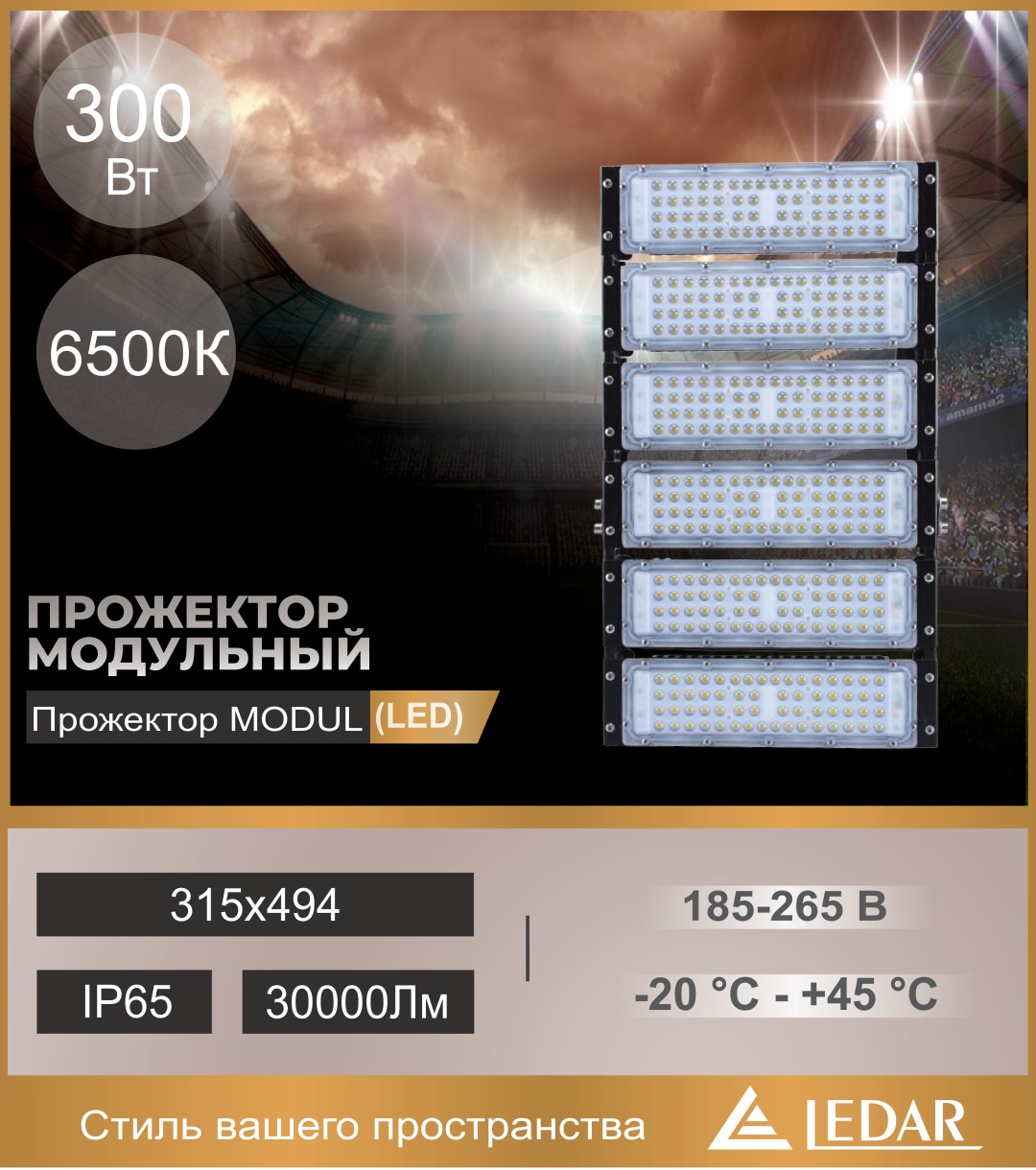 Прожектор на кронштейне LEDAR 300 Вт, холодный белый