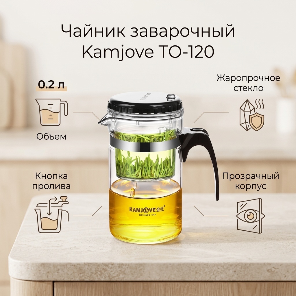 Чайник Kamjove TO-120 0.2 л, жаропрочное стекло