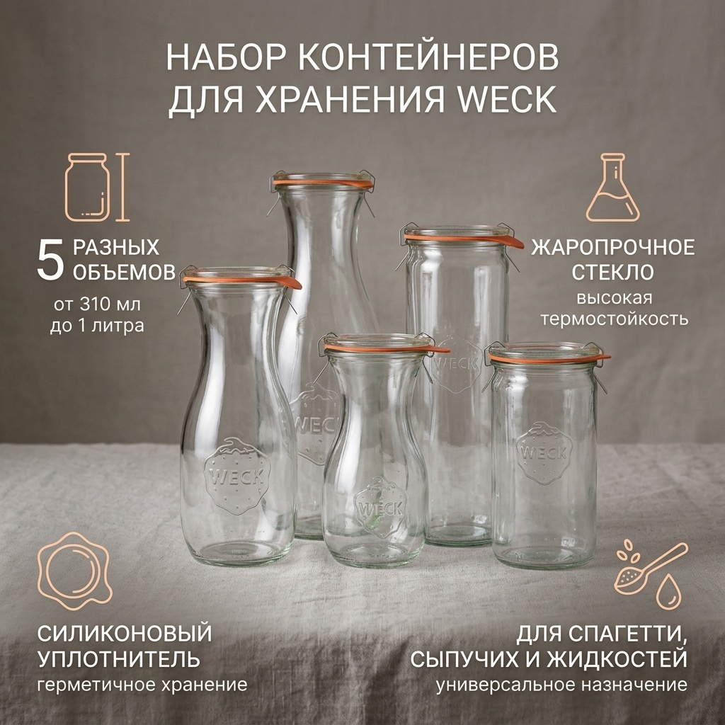 WECK набор контейнеров 5 разных стеклянных баночек для хранения сыпучих и цилиндров для жидкостей. 585965871, жаропрочное стекло