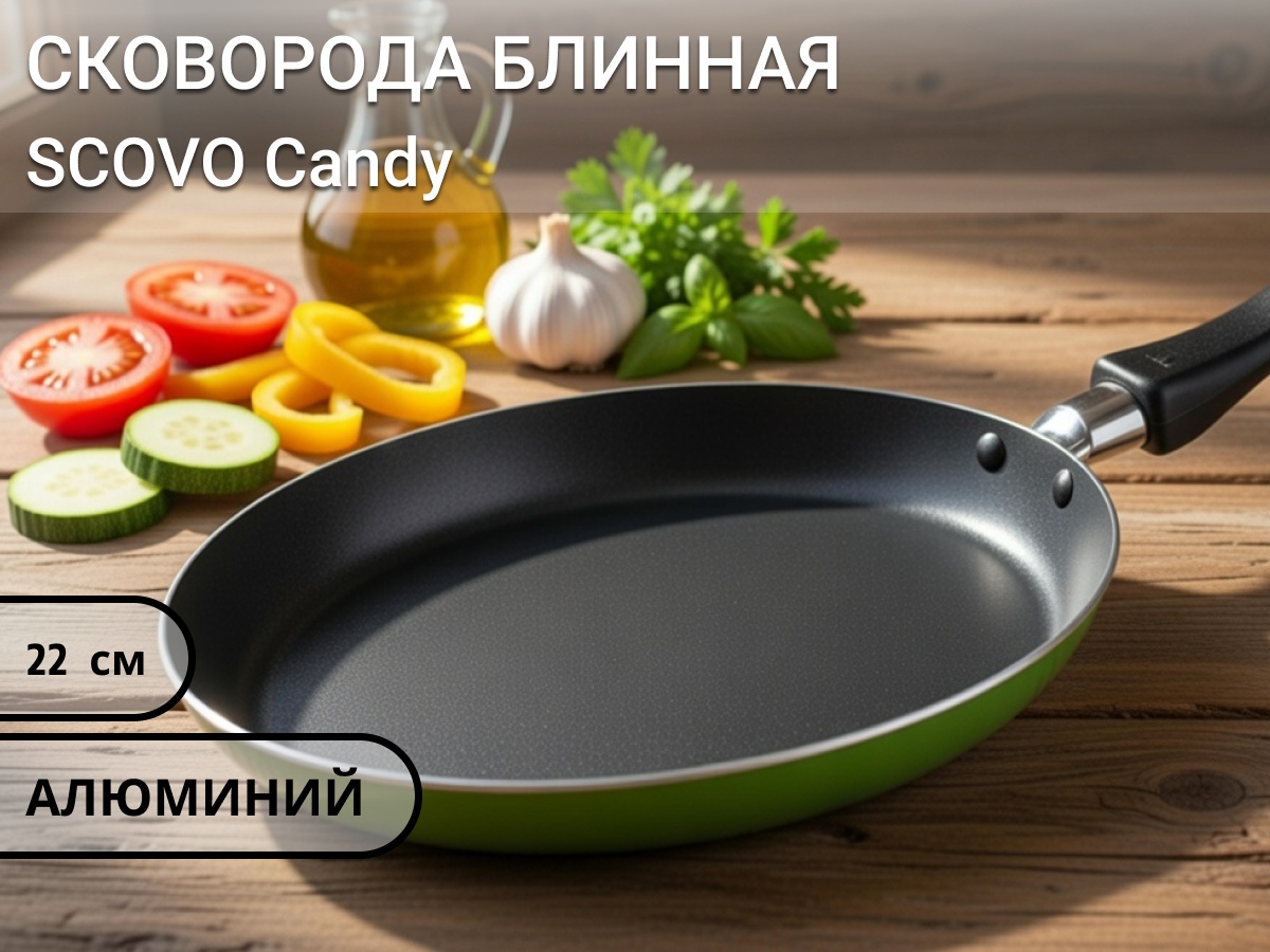 Блинная сковорода SCOVO Candy Maxi 22 см с антипригарным покрытием, алюминий