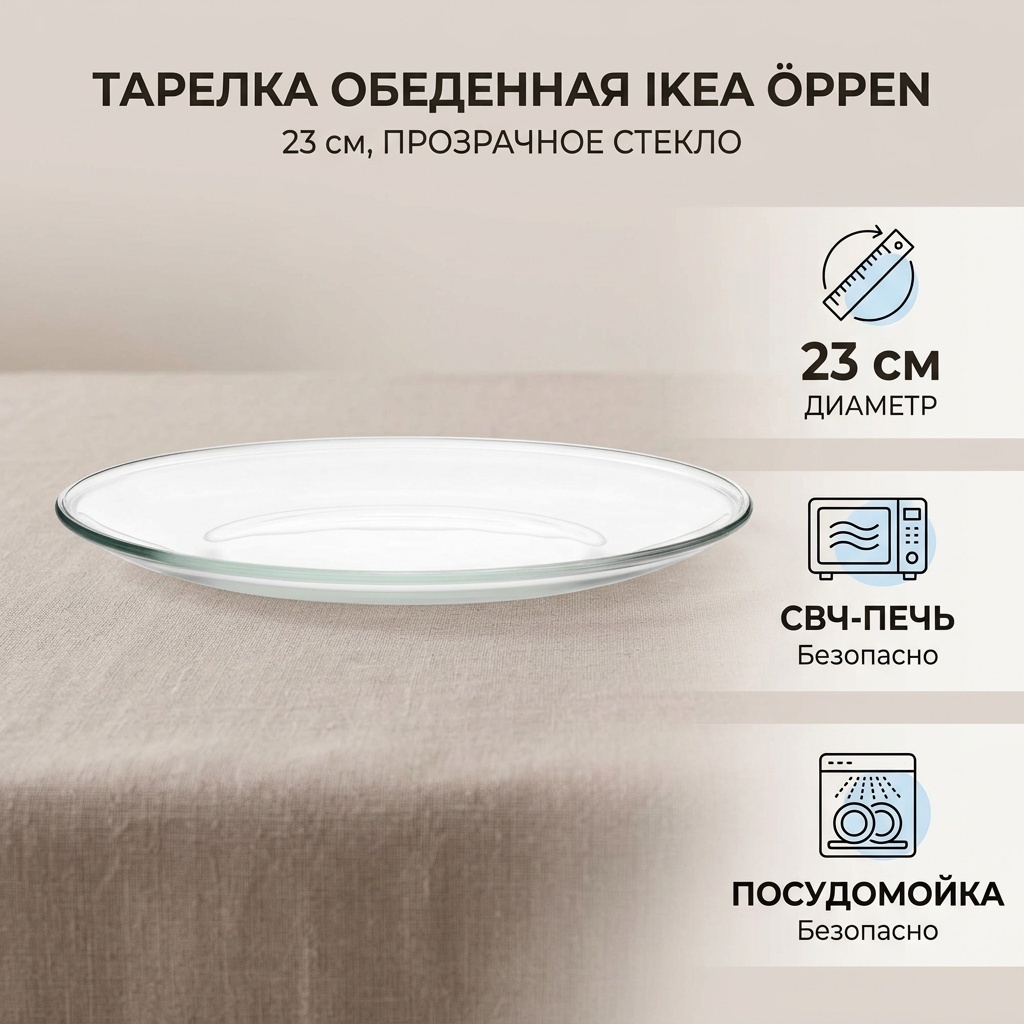 Обеденная тарелка IKEA 23 см, 1 шт, стекло