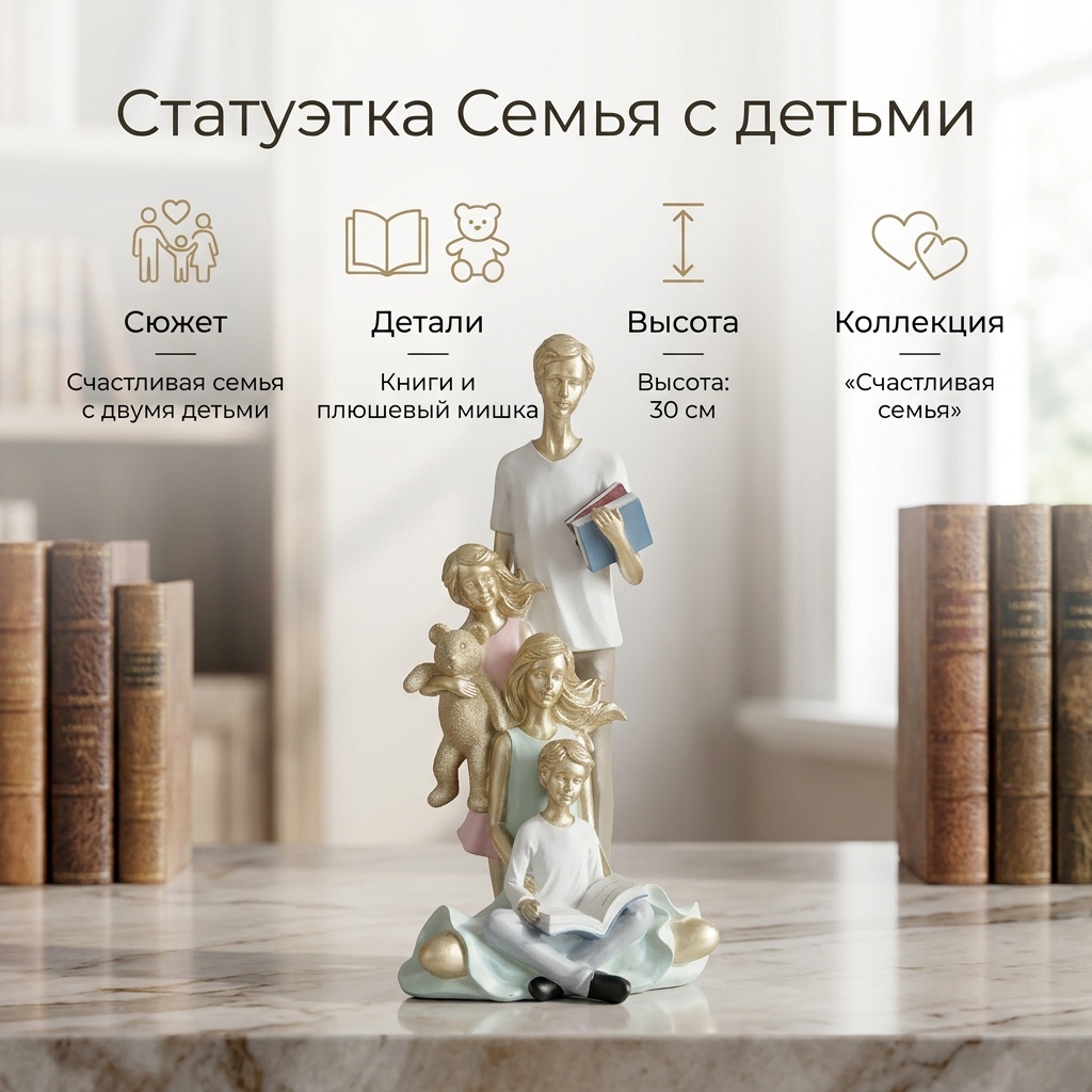 Статуэтка Семья с двумя детьми и с книгами 30 см, полистоун