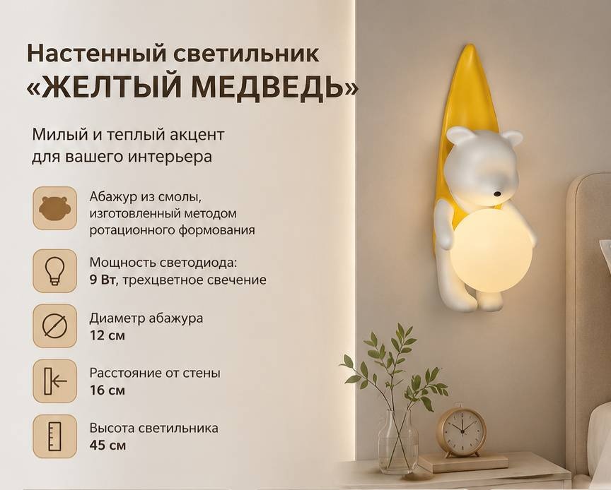 Светильник-игрушка настенный ЖЕЛТЫЙ МЕДВЕДЬ, разноцветный
