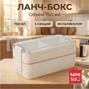 Ланч -бокс с отделениями для еды двухуровневый, MINISO, пластик