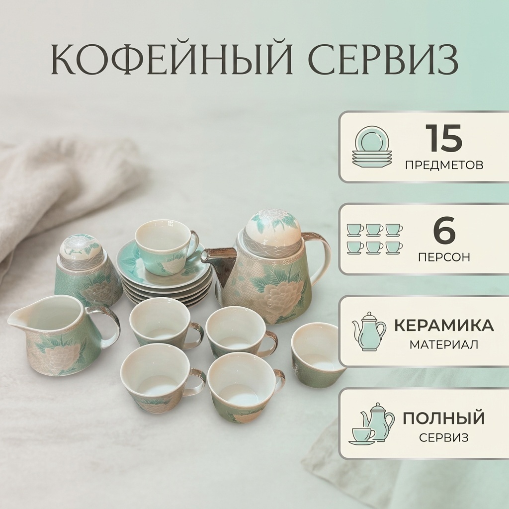 Сервиз на 6 персон , предметов: 15, кофейный, керамика