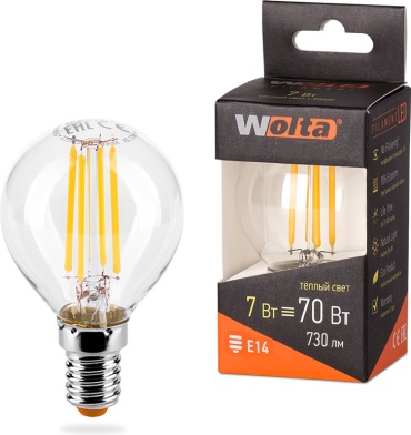 Wolta 7W E14, филаментная, теплый белый