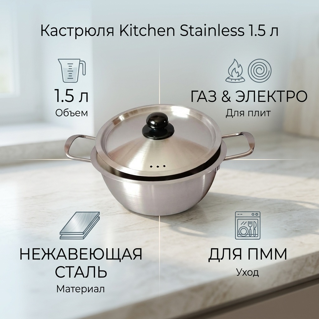 Кастрюля 1.5 л, Kitchen Stainless нержавеющая сталь