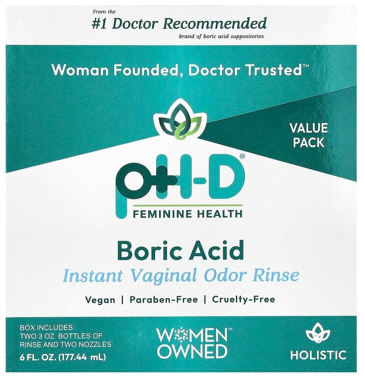 PH-D Feminine Health борная кислота, мгновенное ополаскиватель для влагалища для устранения запаха, 2 флакона и 2 насадки, 177,44 мл лосьон для интимной гигиены 177 мл