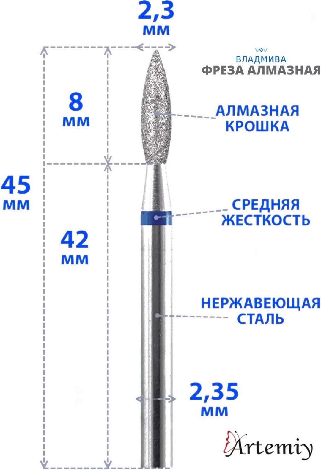 Насадка Artemiy A06.023.ART фреза пламя насечка синяя 1 шт