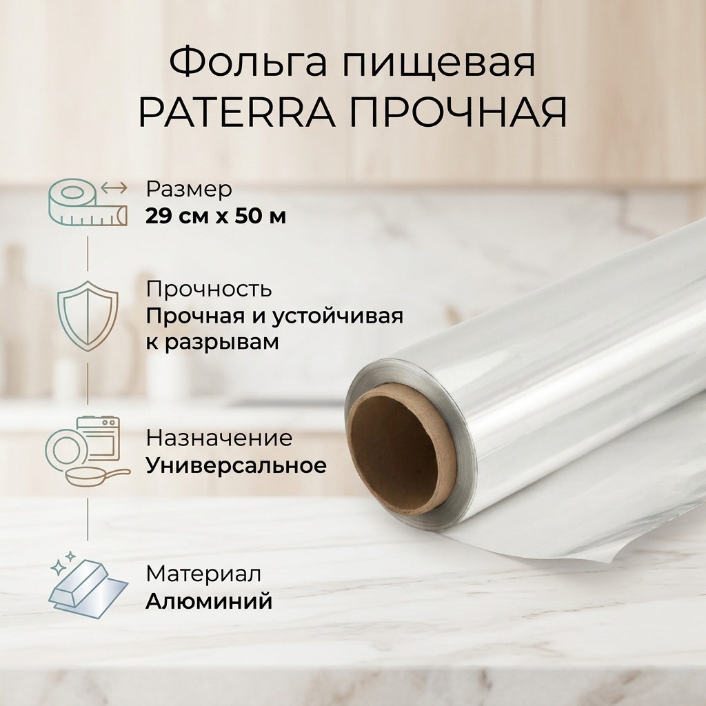 209-016 Фольга пищевая "ПРОЧНАЯ" PATERRA 29 см х 50 м (рулон в пленке)