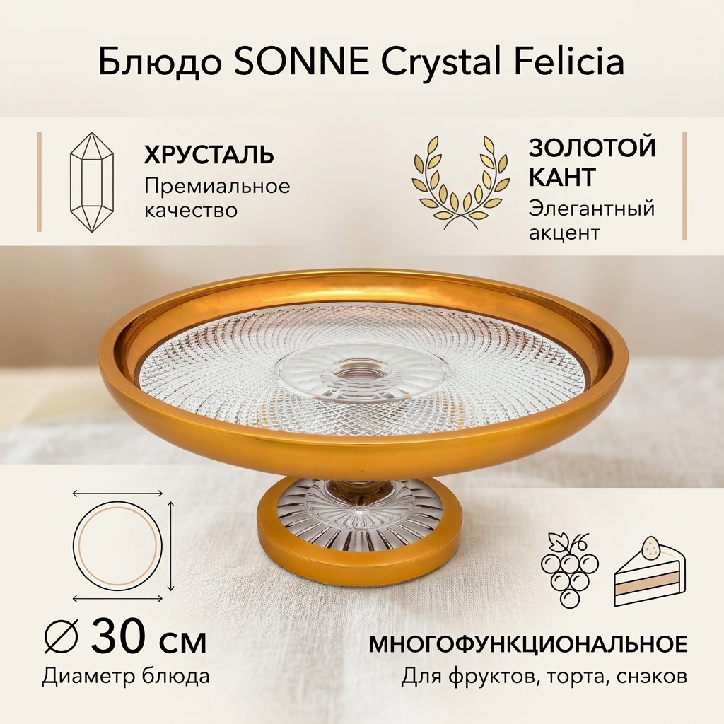 Блюдо SONNE Crystal Фелиция 30х30 см, хрусталь, 1 шт