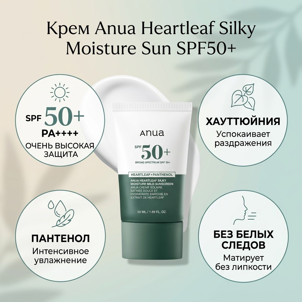 Anua крем Heartleaf Silky Moisture Sun SPF50 для лица 50 мл
