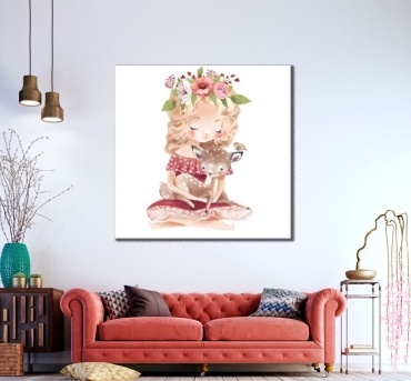 Araystudio.kz картина на холсте для детской комнаты “Девочка с оленёнком” 60x60 см