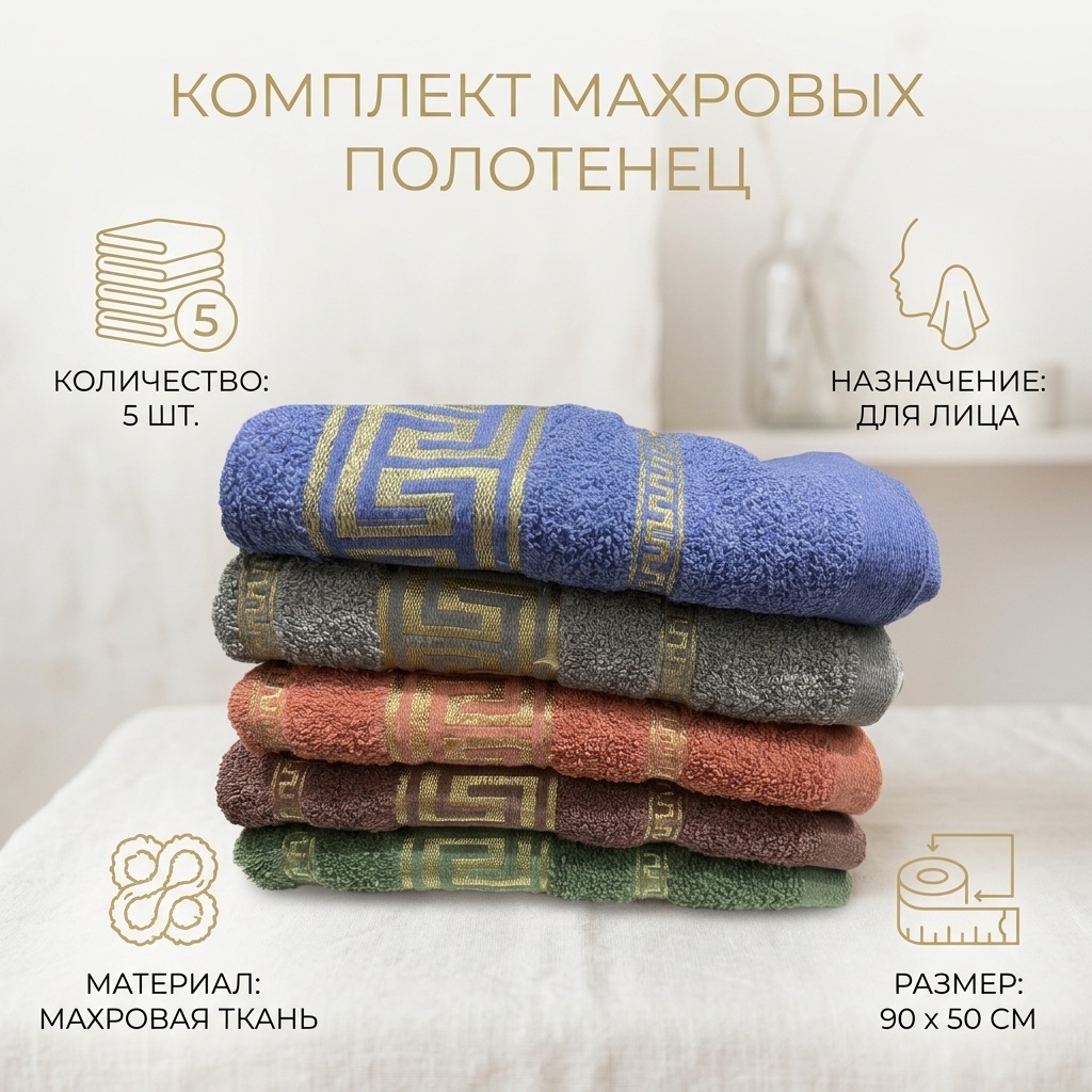 Полотенце 90x50 см, махровая ткань, 5 шт,