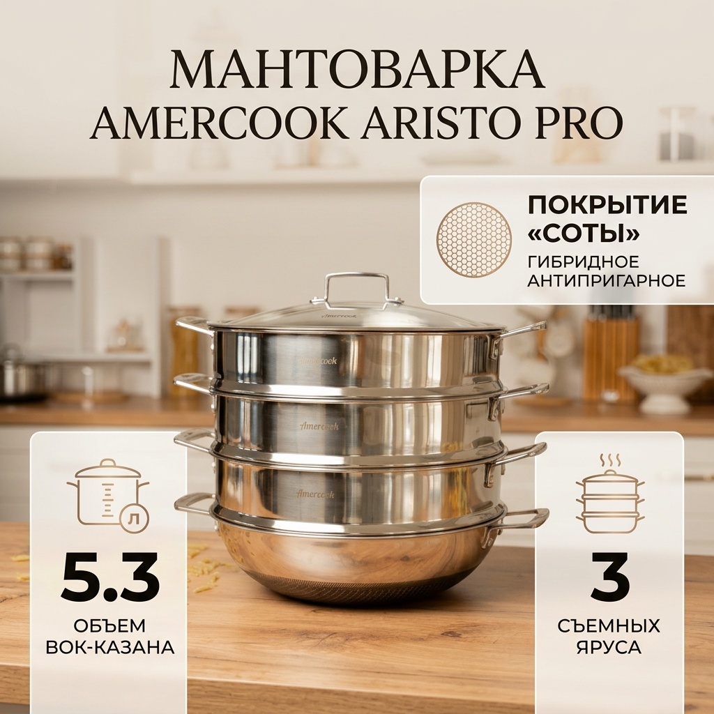 Мантоварка 5.3 л, Amercook Aristo pro сталь, количество ярусов: 3