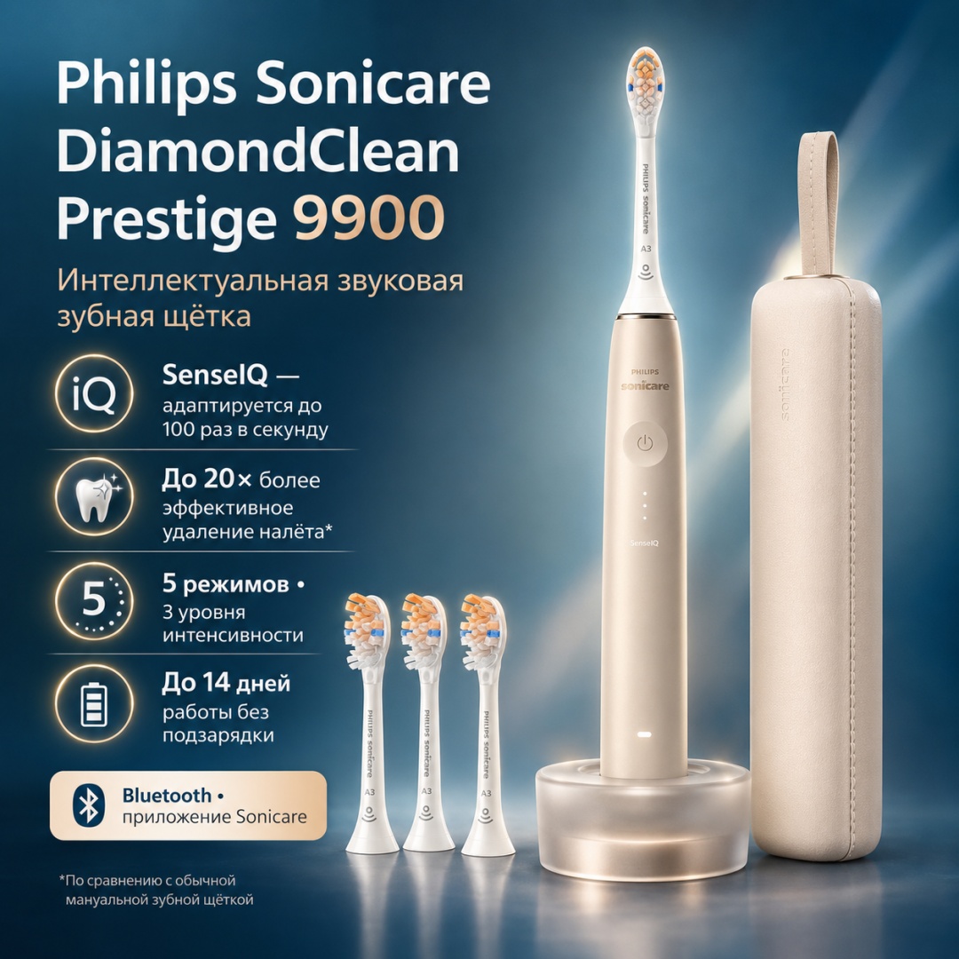 Philips звуковая щетка DiamondClean Prestige 9900 BD9001AZ щетина средняя золотистый