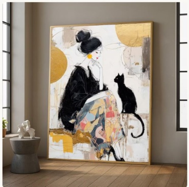 Картина Элегантная женщина с кошкой 7. на подрамнике theBaiss.com 70x100 см