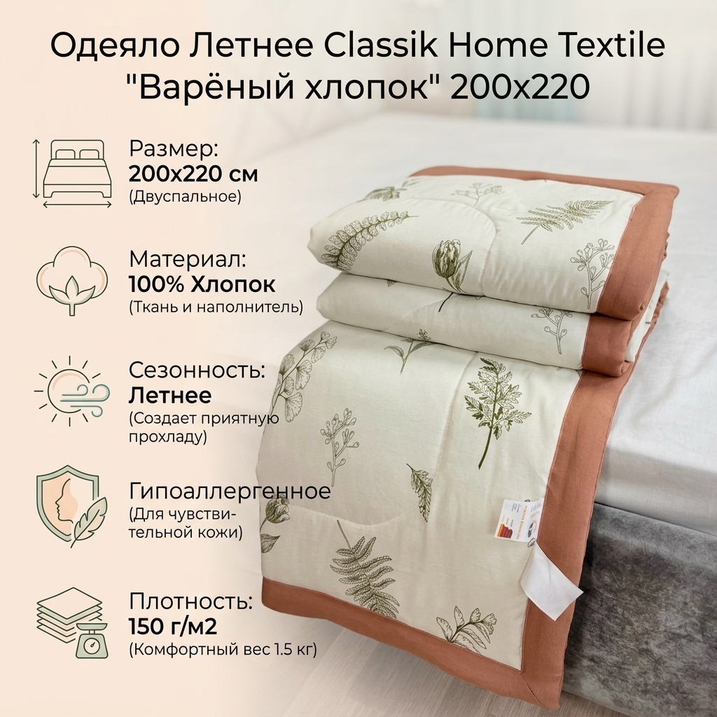 Одеяло Classik Home Textile Летнее одеяло "Варёный хлопок" 200x220 летнее