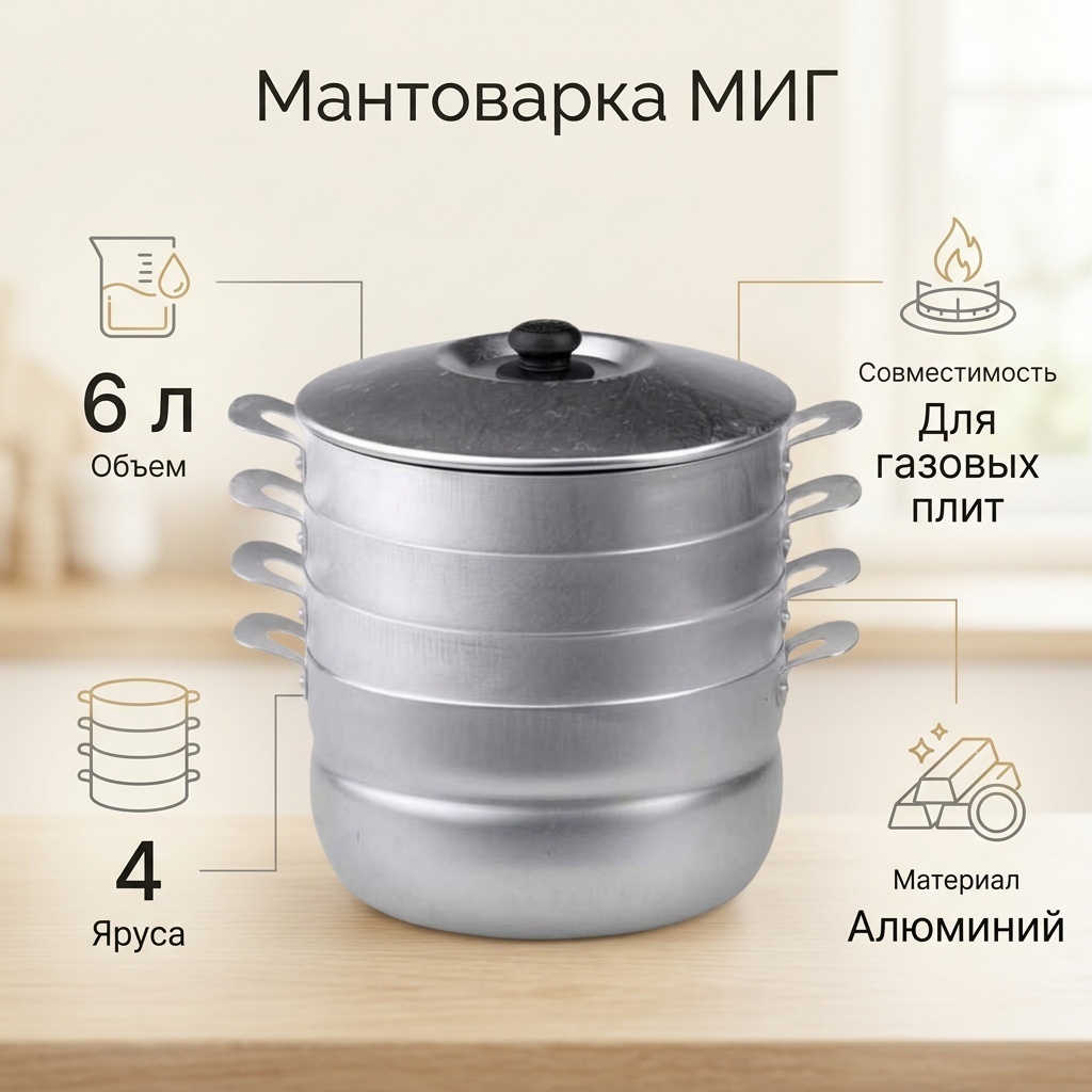 Мантоварка 6 л, МИГ алюминий, количество ярусов: 4