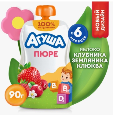 Детское пюре Агуша Яблоко клубника земляника клюква 90 г, с 6 месяцев
