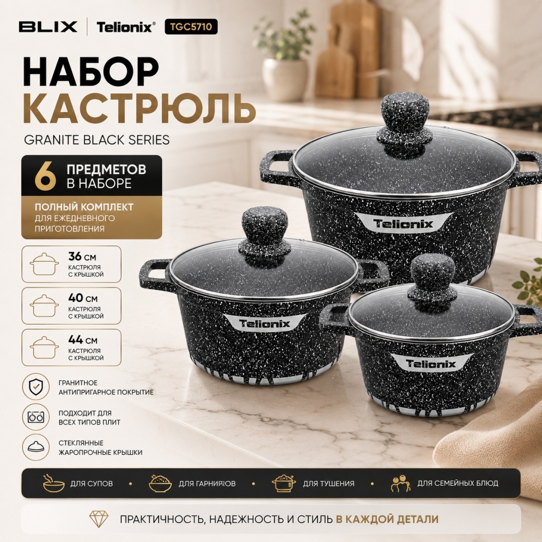 Набор кастрюль BLIX TELIONIX Granite Black Series 6 в 1