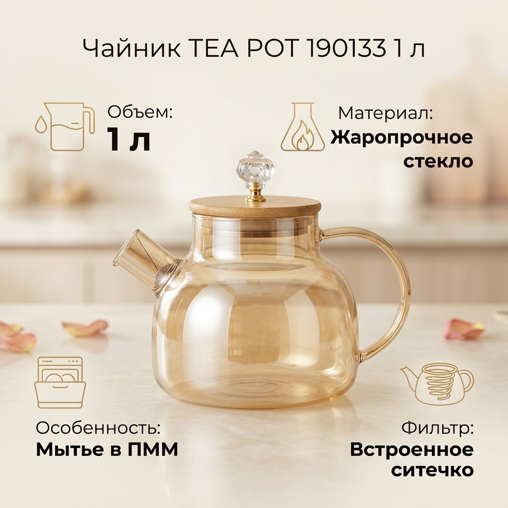 Чайник TEA POT 190133 1 л, жаропрочное стекло