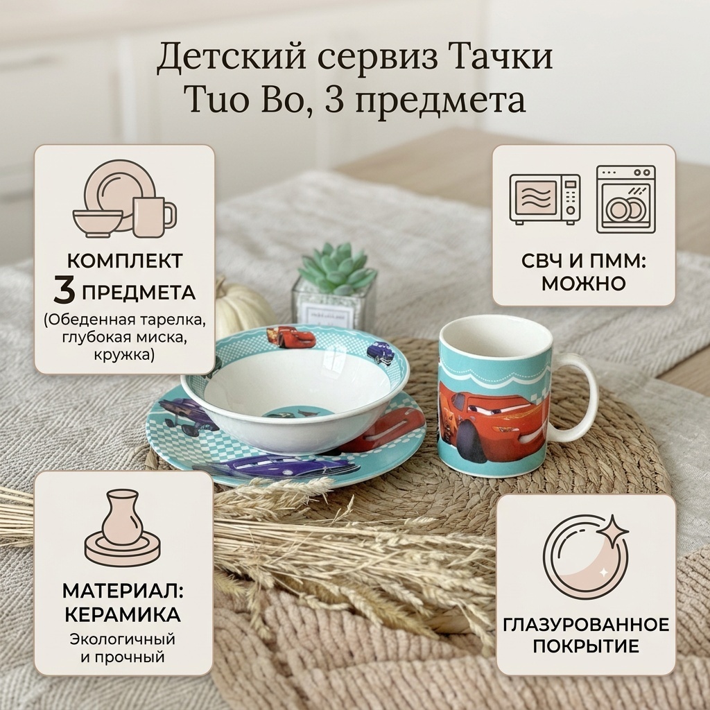 Сервиз на 1 персону Тачки, предметов: 3, детский, керамика, фарфор