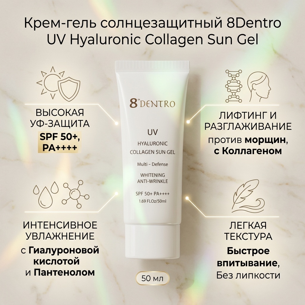 8Dentro крем-гель UV Hyaluronic Collagen Sun SPF50 для лица, для области вокруг глаз, для зоны декольте 50 мл