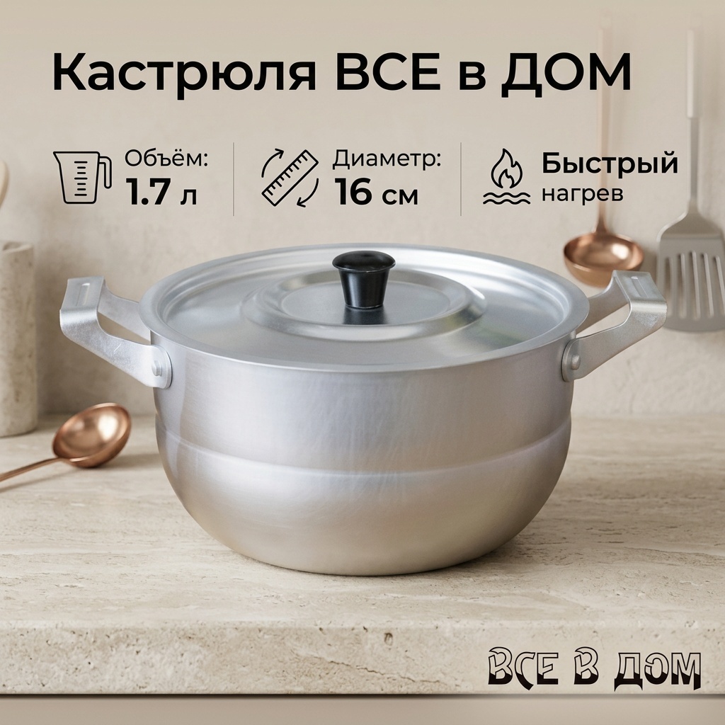 Кастрюля 1.7 л, ВСЕ в ДОМ АК1.7 алюминий