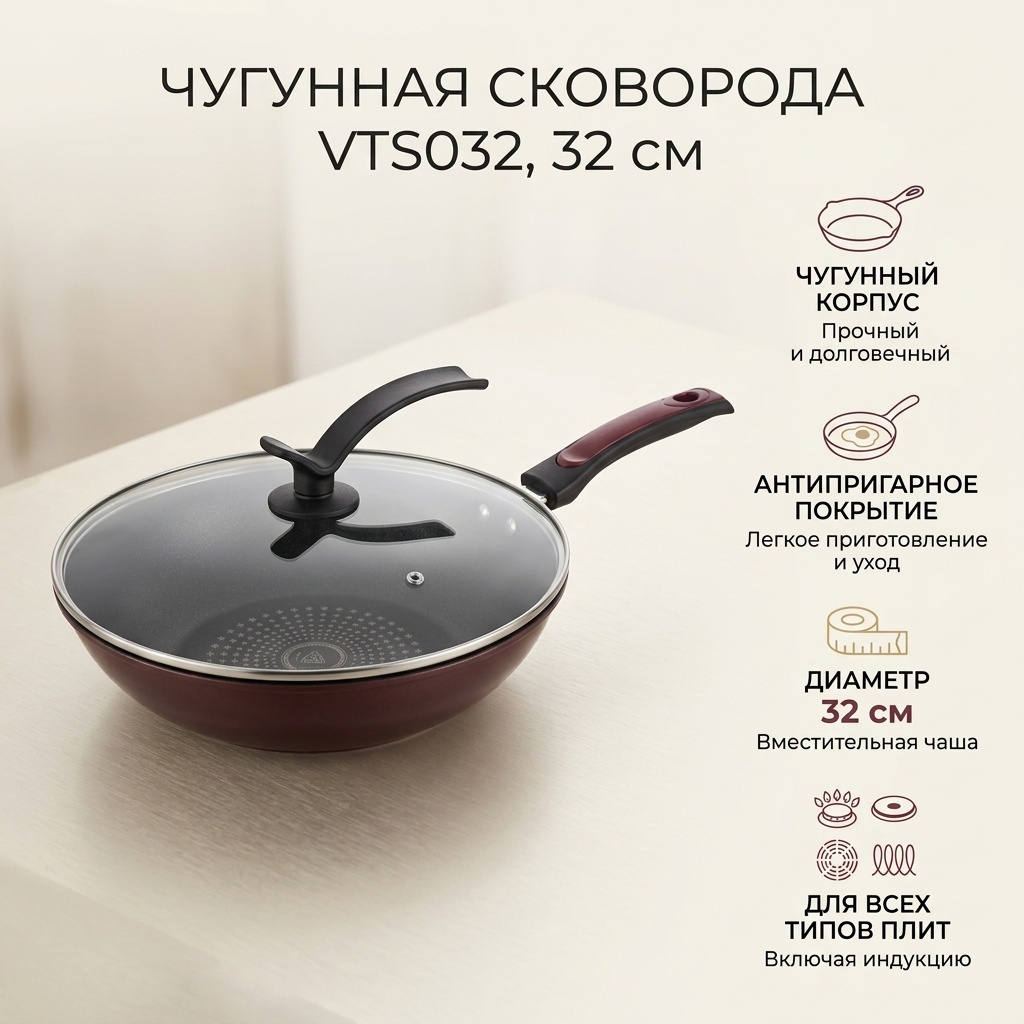 Сковорода 32 см с антипригарным покрытием, чугун