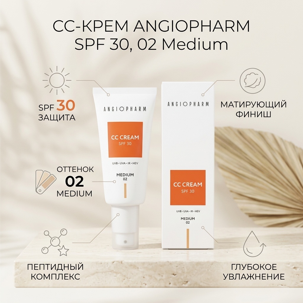 ANGIOPHARM CC-КРЕМ SPF 30, 02 Medium, 30 МЛ СС крем 02 Medium 30 мл
