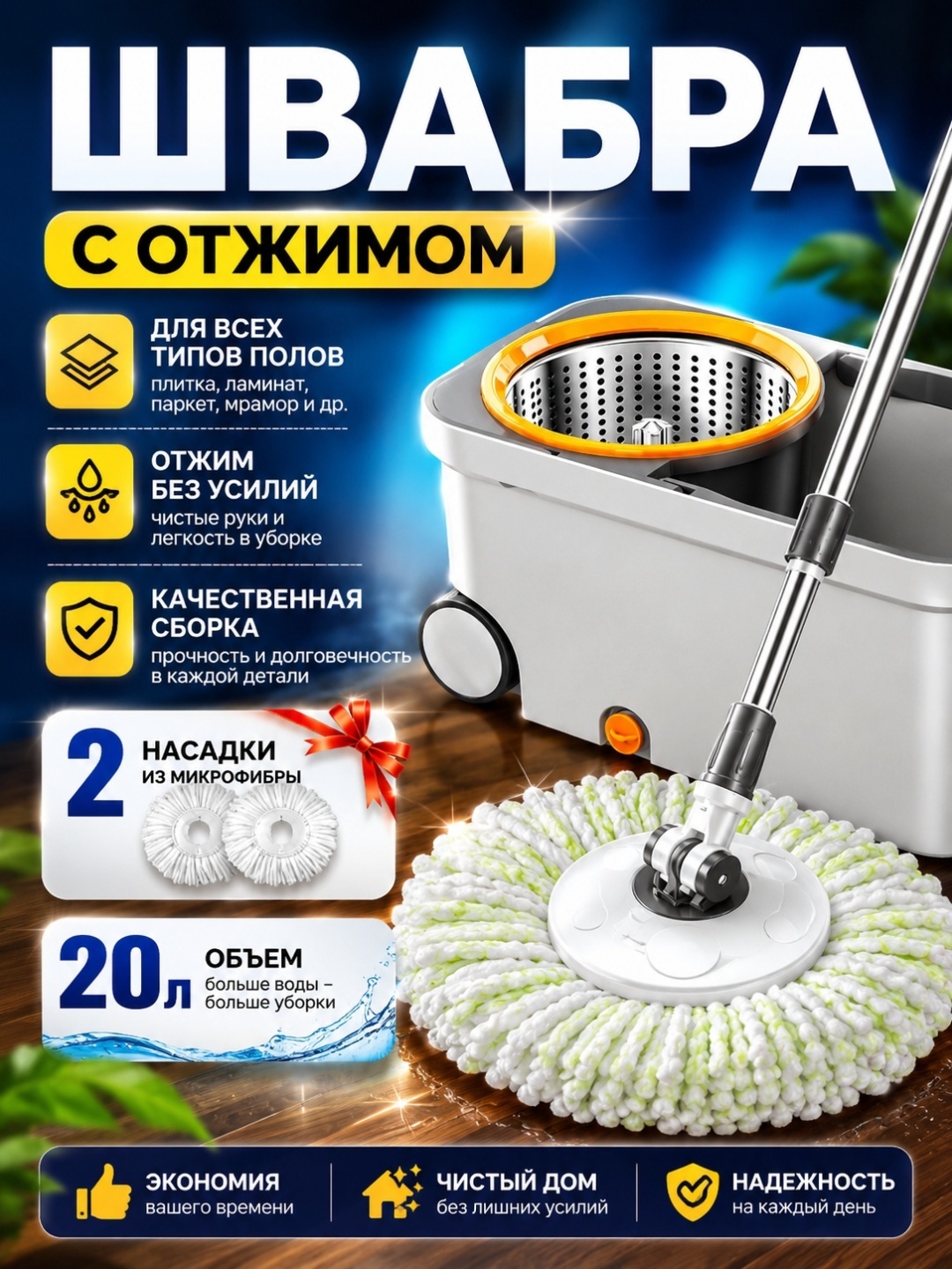 Комплект для уборки универсальная UPGRADE, материал насадки: микрофибра, серый