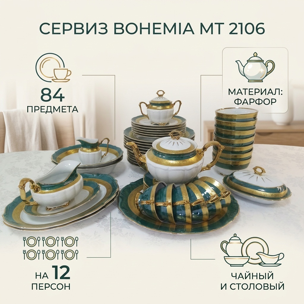 Сервиз на 12 персон Bohemia золотой узор, предметов: 84, чайно-столовый, фарфор