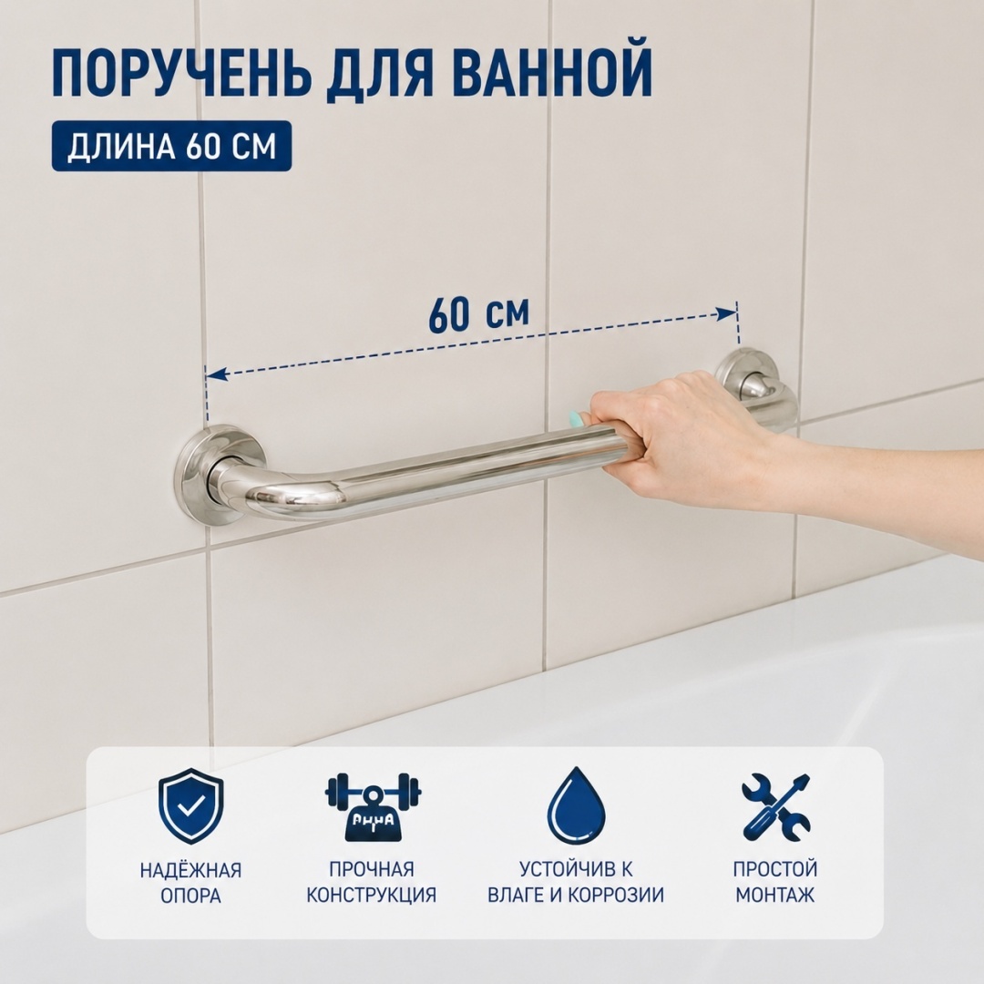 Поручень для ванны 60 см серебристый, хром
