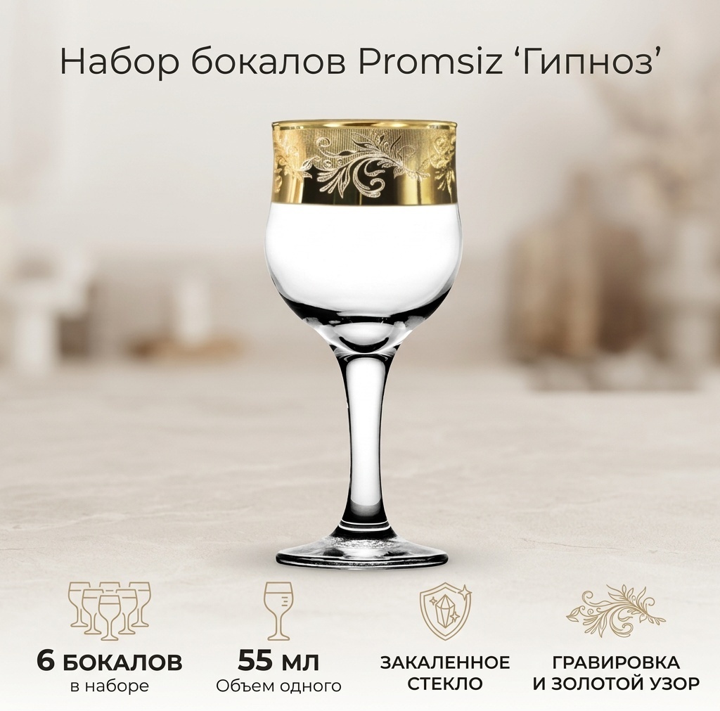 Набор бокалов Promsiz 55 мл, закаленное стекло, 6 шт