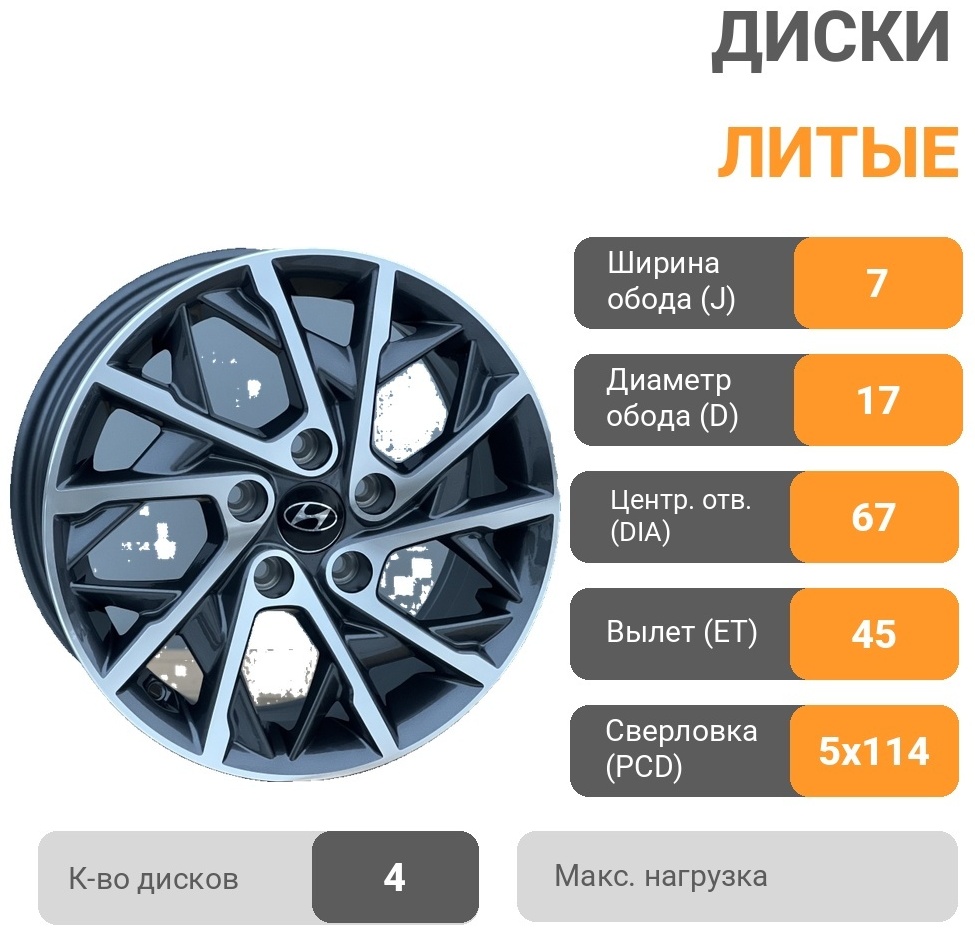 Rainbow KIAHYUINDAI 650 7x17/5x114.3 D67.1 ET45 4 диска серебристый, серый