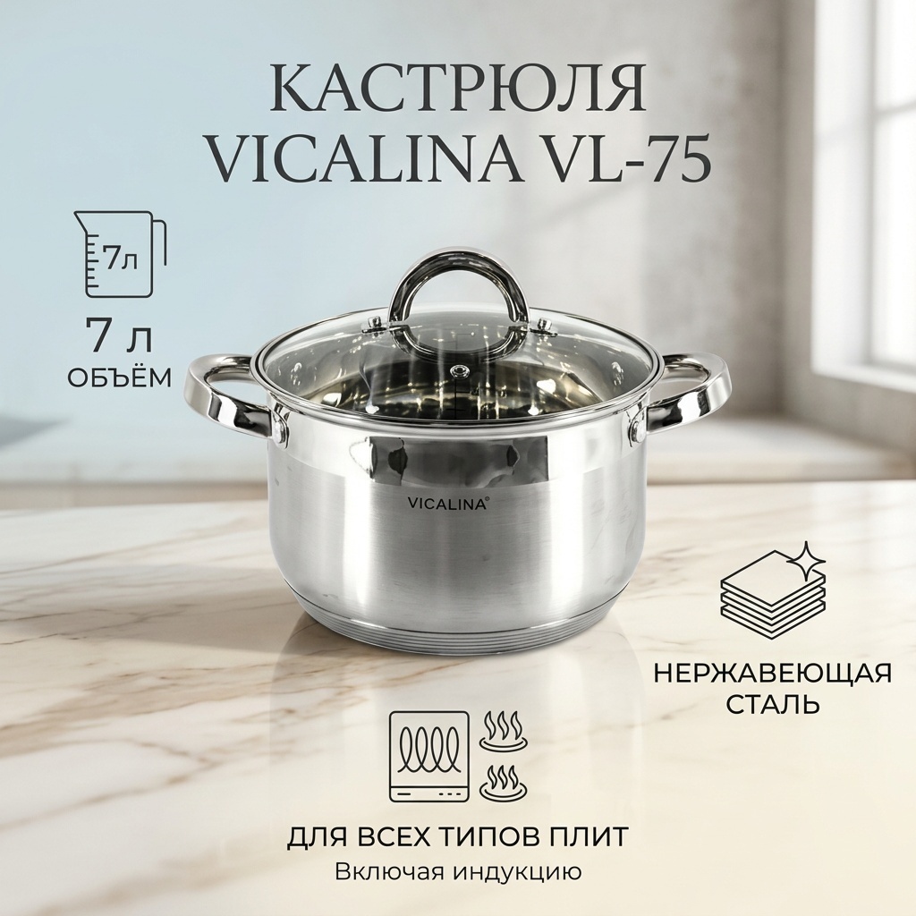 Кастрюля 7 л, Vicalina VL-75 нержавеющая сталь