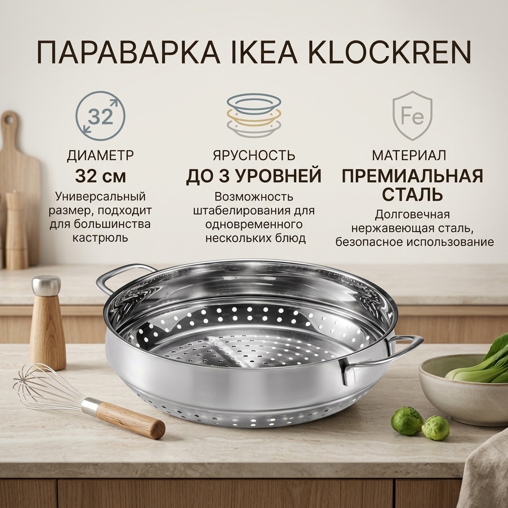 Пароварка 32 л, IKEA нержавеющая сталь, количество ярусов: 3