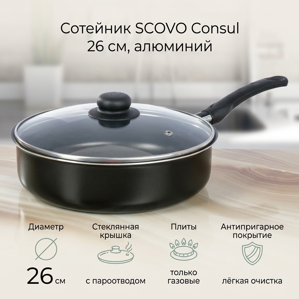 Сотейник SCOVO Consul 26 см с антипригарным покрытием, алюминий