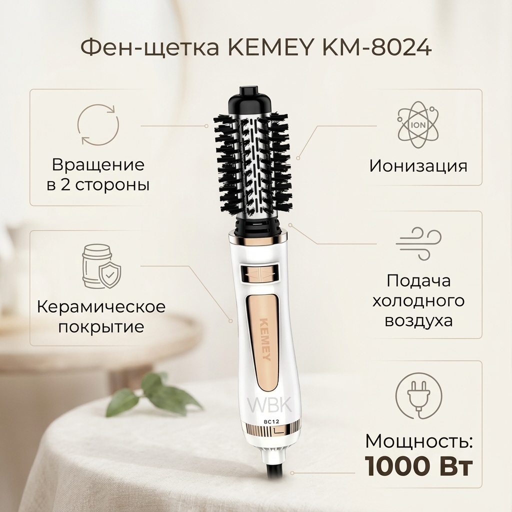 Kemey KM-8024 фен-щетка белый, бронзовый