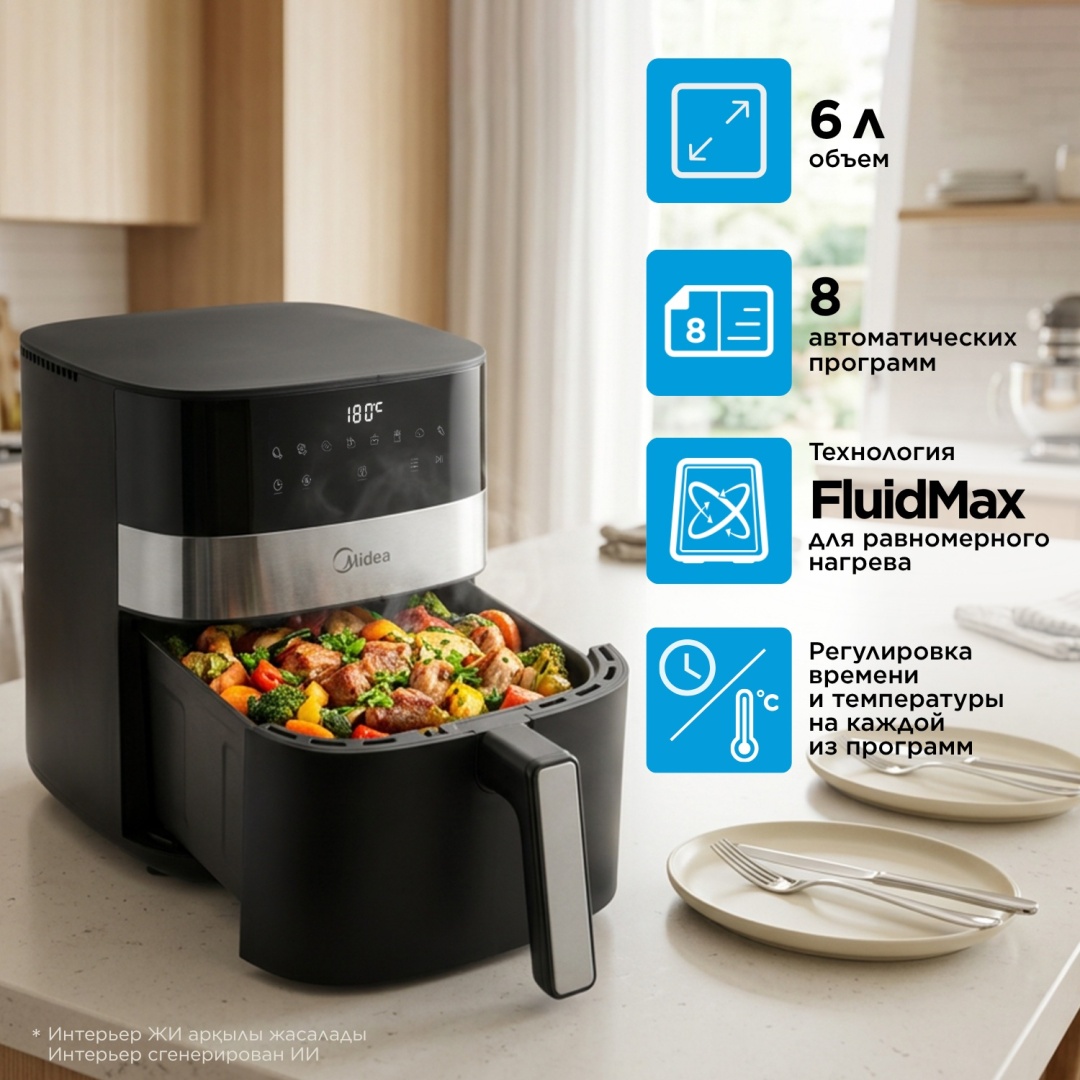 Аэрогриль Midea MF-CN65E2 6 л қара, болат түсті